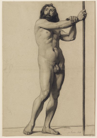 Estudo de figura acadêmica: nu masculino segurando uma equipe, 1844 de Alfred Emile Stevens