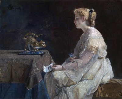 ""O presente"" Uma jovem descobrindo uma estatueta de gato - Pintura de Alfred Stevens (1823-1906) por volta de 1870 Galeria Nacional de Londres de Alfred Emile Stevens