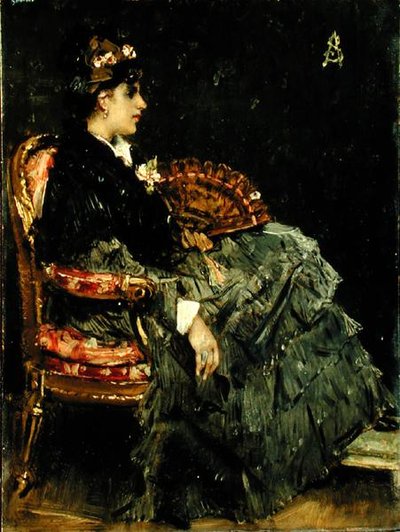 Senhora sentada com um ventilador (óleo no painel) de Alfred Emile Stevens