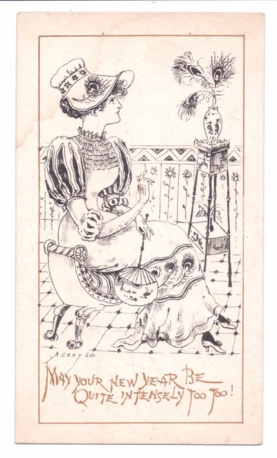 Cartão de Ano Novo vitoriano de um Estético admirando um vaso de penas de pavão, c.1881 (monocromático) de Alfred Gray