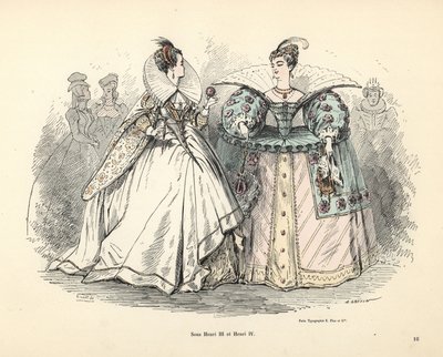 Caricatura de trajes femininos na época do rei Henrique III e IV de Alfred Grevin