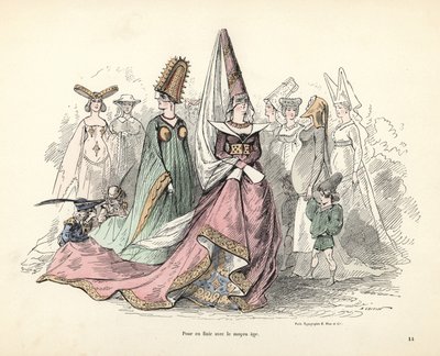 Caricaturas de trajes de mulheres e crianças na Idade Média de Alfred Grevin