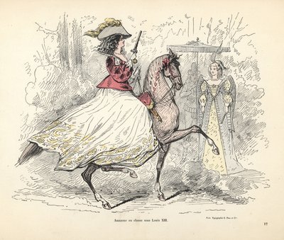 Fato de caça para mulher, época do rei Luís XIII de França de Alfred Grevin