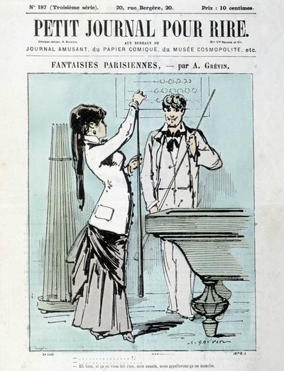 Fantasias parisienses de A. Grévin: Bem, se não se importa, meu primo, vamos chamar-lhe uma manga. Billiards player - capa do "Pequeno Diário para Risos" de Dez.1903 de Alfred Grevin