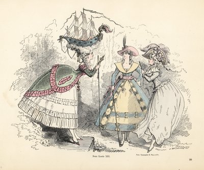 Mulher vestindo um navio de guerra em seu cocar pufe, era do rei Luís XIV de Alfred Grevin