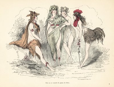 Mulher com trajes de peles, cabeças e penas de animais. de Alfred Grevin