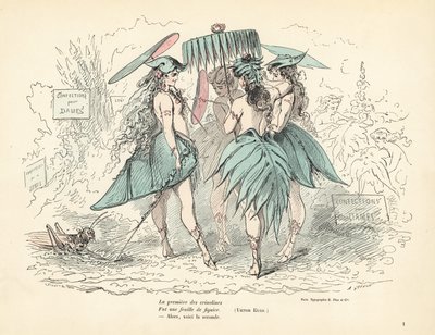 Mulheres vestidas apenas com vestidos de folhas de figueira e chapéus, segurando pa folhas de Alfred Grevin