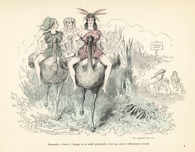 Mulheres com peles e penas de animais montando avestruzes e cisnes. de Alfred Grevin