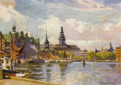 Dinamarca: Copenhague, Castelo de Christiansborg (lito colorido) de Alfred Heaton Cooper