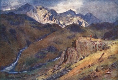Região dos Lagos: A Fell Fox-hunt, Head of Eskdale and Scawfell (litografia a cores) de Alfred Heaton Cooper
