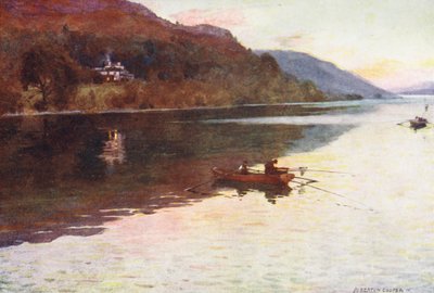 Distrito dos Lagos: Brantwood, Lago Coniston, pesca do carvão (litografia a cores) de Alfred Heaton Cooper