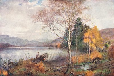 Região dos Lagos: Queimadores de carvão, Lago Coniston (litografia a cores) de Alfred Heaton Cooper