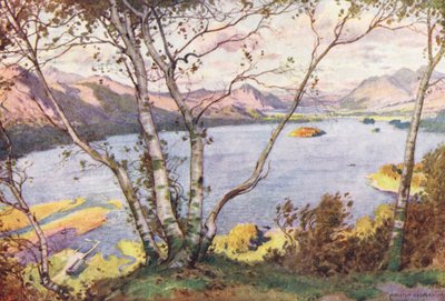 Região dos lagos: Derwentwater e Bassenthwaite Lake, a partir de High Lodore (litografia a cores) de Alfred Heaton Cooper