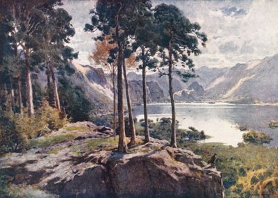 Distrito dos Lagos: Derwentwater, a partir de Castle Head, numa manhã luminosa (litografia a cores) de Alfred Heaton Cooper