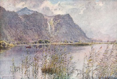 Região dos lagos: Lodore e Derwentwater, numa manhã de verão (litografia a cores) de Alfred Heaton Cooper