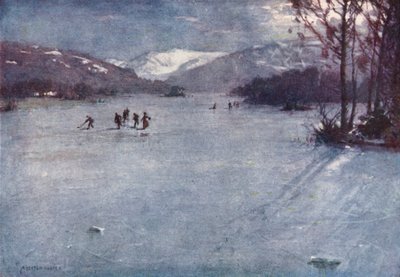 Região dos Lagos: Perto do Ferry, Windermere, Patinagem ao luar (litografia a cores) de Alfred Heaton Cooper