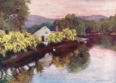 Região dos Lagos: Laburnums antigos em Newby Bridge, Windermere (litografia a cores) de Alfred Heaton Cooper