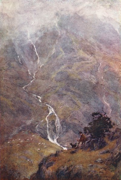Região dos Lagos: The Shepherd, Yewdale, Coniston (litografia a cores) de Alfred Heaton Cooper