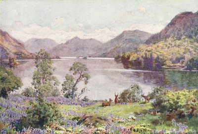 Distrito dos Lagos: Ullswater, a partir de Gowbarrow Park, numa manhã abafada de junho (litografia a cores) de Alfred Heaton Cooper