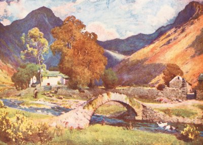 Região dos lagos: Wastdalehead e Great Gable, ao entardecer no outono (litografia a cores) de Alfred Heaton Cooper