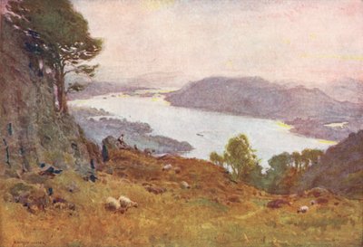 Região dos lagos: Windermere a partir de Wansfell, ao pôr do sol (litografia a cores) de Alfred Heaton Cooper