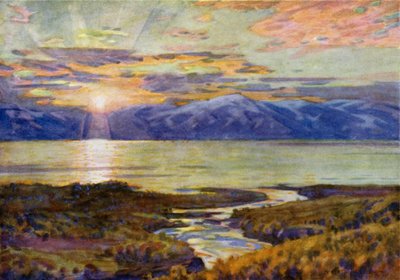Sol da Meia-noite sobre o Lago Torne Trask, de Abisko de Alfred Heaton Cooper