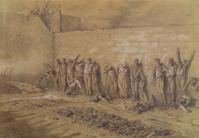 Execução no cemitério de Mur des Federes, Pere-Lachaise, 28 de maio de 1871 (giz marrom e lavagem aumentada com guache branco sobre papel sépia) de Alfred Henri Darjou