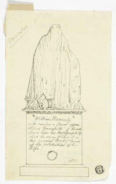 Cartão de visita com monumento drapeado, inscrição do artista de Alfred Henry Forrester