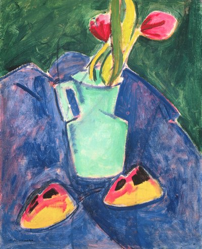 Flores em um vaso verde no pano roxo de Alfred Henry Maurer