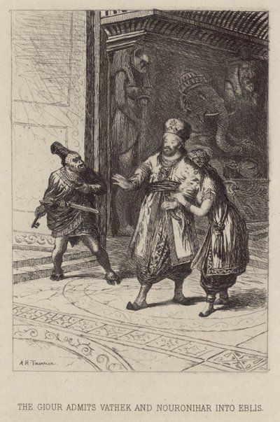 O Giour admite Vathek e Nouronihar no Eblis (gravura) de Alfred Holst Tourrier