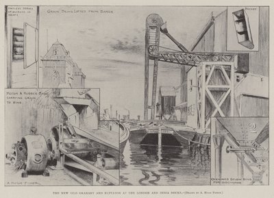 O novo celeiro de silo e elevador nas docas de Londres e Índia de Alfred Hugh Fisher