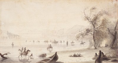 Bull Boating Across the Platte, c.1837 (desenho em papel) de Alfred Jacob Miller