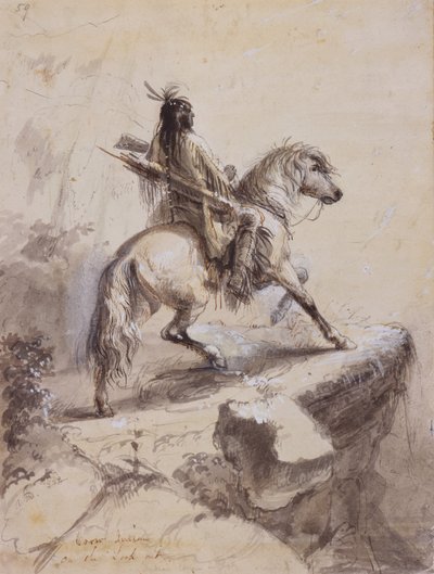 Crow Indian on Lookout, c.1837 (caneta e tinta, aguada e guache sobre papel) de Alfred Jacob Miller