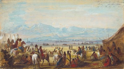 Acampamento no Rio Verde na Base das Montanhas Rochosas, c.1837 (lápis, aguarela e guache sobre papel) de Alfred Jacob Miller