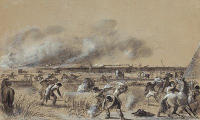 Fire on the Prairie, Setting Fire to the Camp, c.1837 (lavagem com destaques em papel) de Alfred Jacob Miller