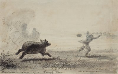 Fontenelle Perseguido por um Urso Pardo, c.1837 (caneta, tinta e aguada sobre papel) de Alfred Jacob Miller
