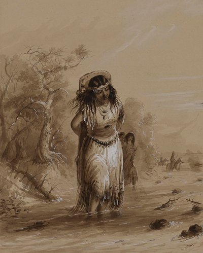 Menina índia com papoose a atravessar um ribeiro de Alfred Jacob Miller