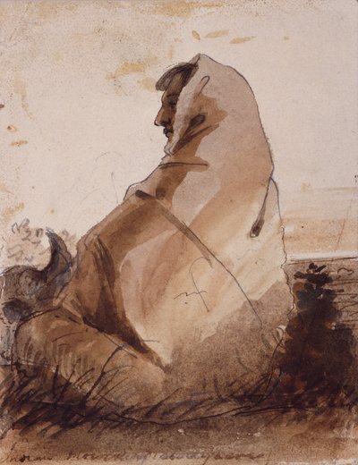 Luto Indiano sobre um Túmulo, Marcado por um Crânio de Búfalo, c.1837 (lápis, caneta e tinta e lavagem sobre papel) de Alfred Jacob Miller