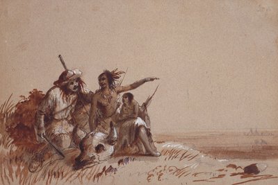 Índio do Kansas contando a um caçador, por sinais, a migração do búfalo, c.1837 (lápis e aguadas marrons e pretas no papel) de Alfred Jacob Miller