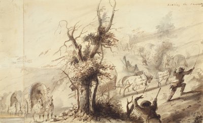 Landing the Charettes, c.1837 (lavagem marrom no papel) de Alfred Jacob Miller