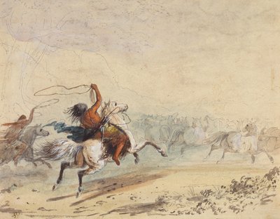 Lassoing Wild Horses, c.1837 (lápis, caneta, tinta, aguarela, e guache sobre papel) de Alfred Jacob Miller