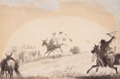 Mula jogando fora sua mochila, c.1837 (lápis, caneta e tinta, e aguada no papel) de Alfred Jacob Miller