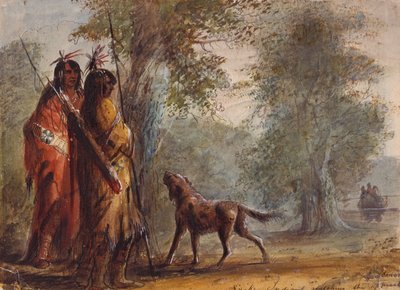 Índios serpentes a observar a aproximação de uma canoa, c.1837 (lápis, aguarela e guache sobre papel) de Alfred Jacob Miller