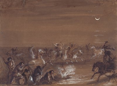 Stampede by the Blackfeet, c.1837 (tinta, lavagem, e guache em papel escuro) de Alfred Jacob Miller