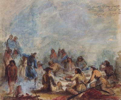 Nascer do sol, caçadores e viajantes em suas refeições de Buffalo Hump Rib, c.1837 (aquarela sobre papel) de Alfred Jacob Miller