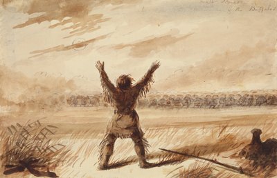 Caçador perturbado em repouso por um rebanho de búfalos, c.1837 (lápis, caneta e tinta, e aguada no papel) de Alfred Jacob Miller