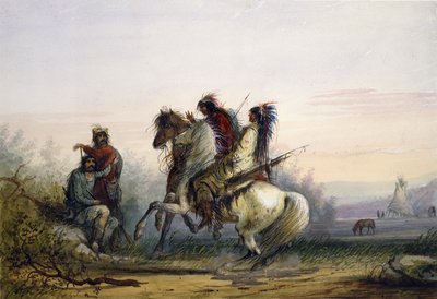 Caçadores e índios a comunicarem-se através de sinais de Alfred Jacob Miller