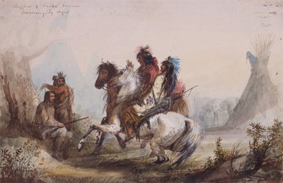 Caçadores e índios cobras conversando por sinais, c.1837 (lápis, aquarela e guache sobre papel) de Alfred Jacob Miller