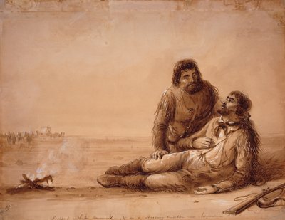 Caçadores sem munição e em estado de fome perto de Independence Rock, c.1850 (lavagem sépia no papel) de Alfred Jacob Miller