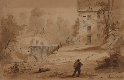 Vista de uma casa e de umas cascatas de Alfred Jacob Miller